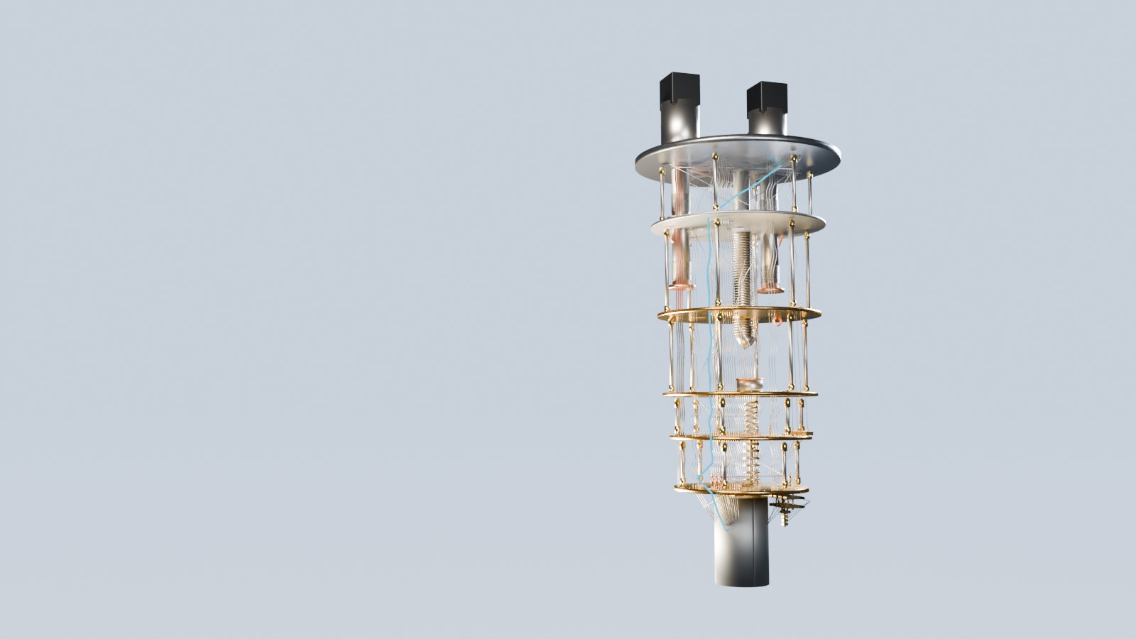 Rendu 3D du réfrigérateur à dilution d’un ordinateur quantique supraconducteur : étages de cuivre doré, câbles et un signal de commande lumineux qui descend vers la puce