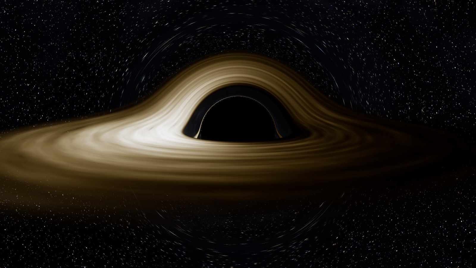 Un trou noir calculé en lancer de rayons : son ombre noire, cerclée d’un fin anneau de lumière, et le disque de gaz doré dont l’arrière apparaît courbé par-dessus le trou noir