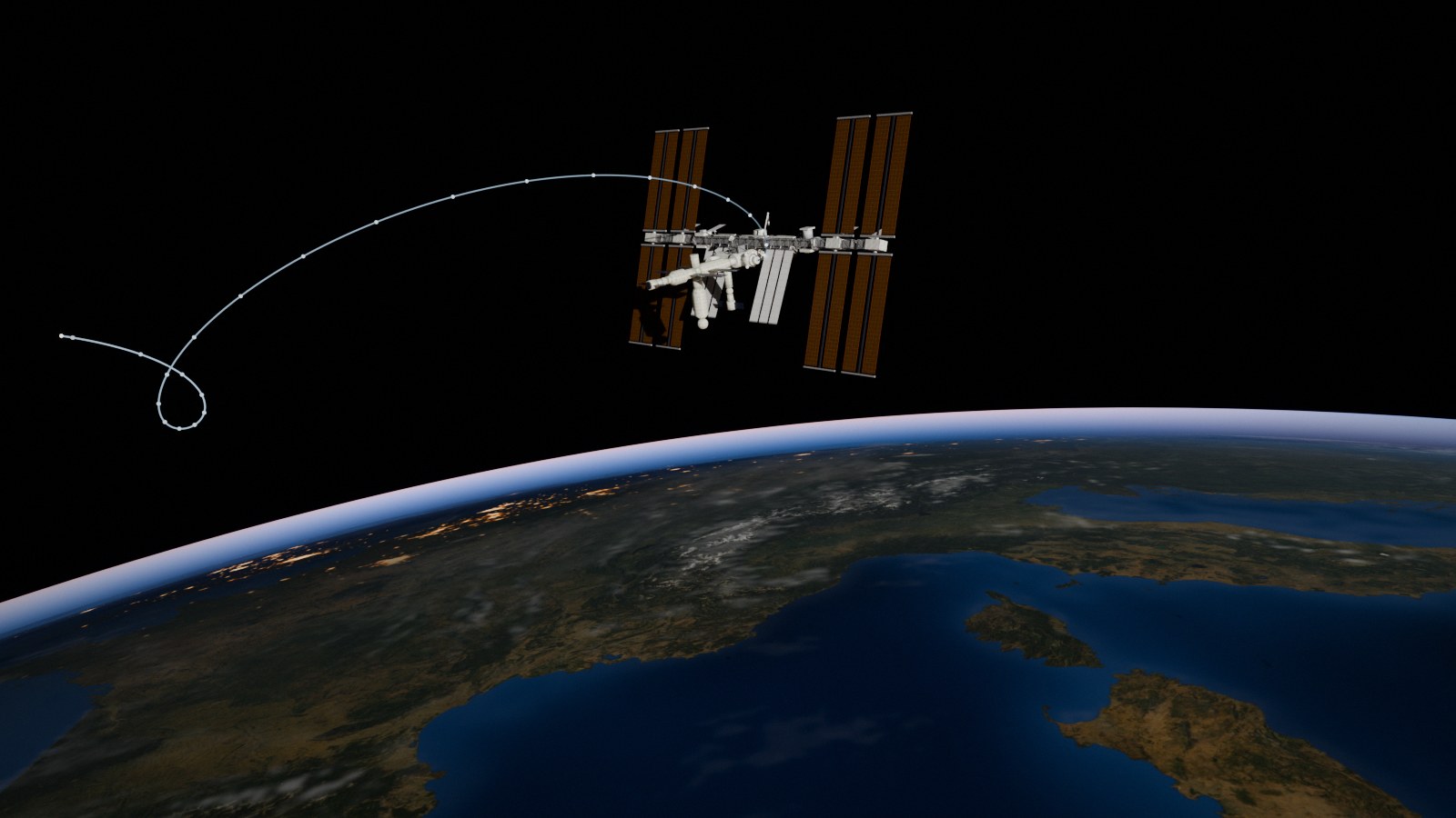 La station spatiale au-dessus de la Terre ; derrière elle, les trajectoires prédites d’un objet lancé, en couleurs, se séparent au fil des tours